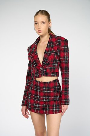 Kadın Kırmızı Ekoseli Crop Blazer