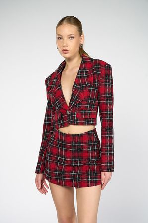 Kadın Kırmızı Ekoseli Crop Blazer