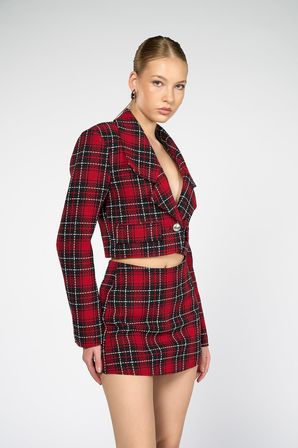 Kadın Kırmızı Ekoseli Crop Blazer