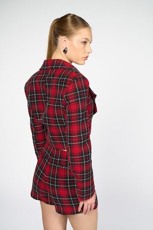 Kadın Kırmızı Ekoseli Crop Blazer
