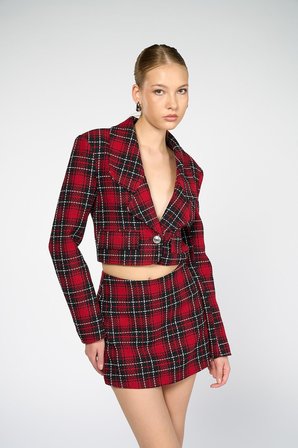 Kadın Kırmızı Ekoseli Crop Blazer