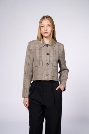 Kadın Kahverengi Ekoseli Crop Blazer