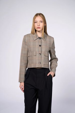 Kadın Kahverengi Ekoseli Crop Blazer