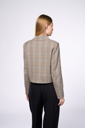 Kadın Kahverengi Ekoseli Crop Blazer