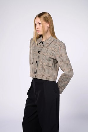 Kadın Kahverengi Ekoseli Crop Blazer