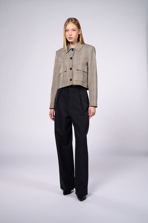 Kadın Kahverengi Ekoseli Crop Blazer