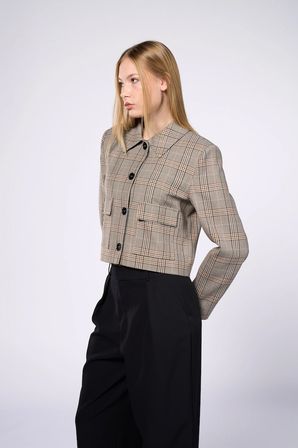 Kadın Kahverengi Ekoseli Crop Blazer