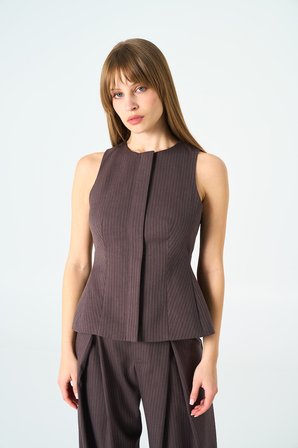 Kadın Kahverengi Çizgili Peplum Yelek