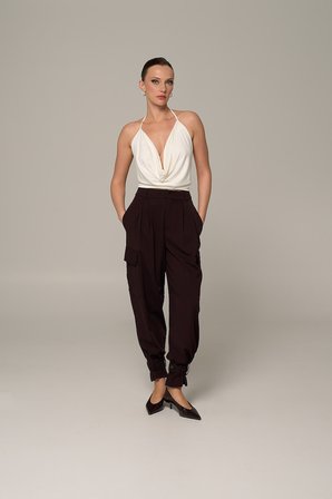 Kadın Bordo Paçası Bant Detaylı Pantolon