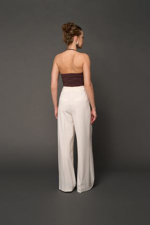 Kadın Ekru Pileli Geniş Paça Pantolon