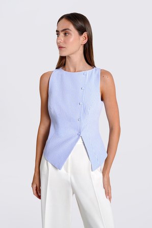 Kadın Mavi Pötikare Kruvaze Slim Fit Yelek