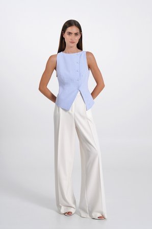 Kadın Mavi Pötikare Kruvaze Slim Fit Yelek