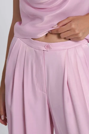 Kadın Pembe Pileli Saten Bol Paça pantolon