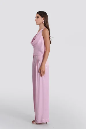 Kadın Pembe Pileli Saten Bol Paça pantolon