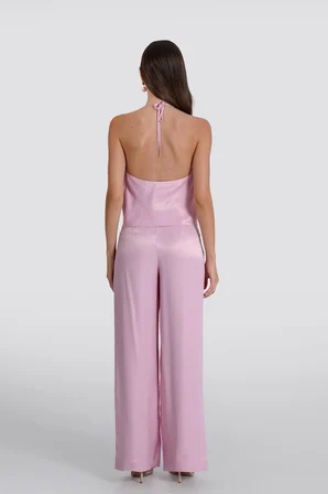 Kadın Pembe Pileli Saten Bol Paça pantolon