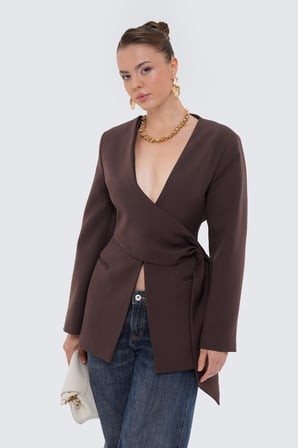 Kadın Kahverengi Beli Büzgülü Blazer