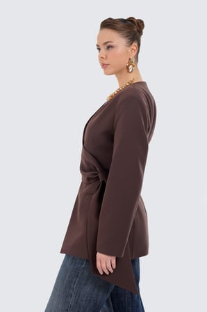 Kadın Kahverengi Beli Büzgülü Blazer
