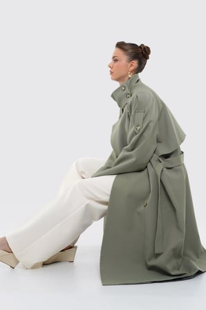 Kadın Açık Haki Dik Yaka Oversize Trençkot