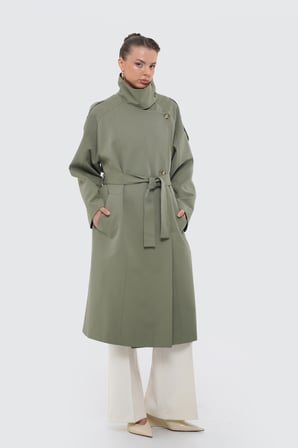 Kadın Açık Haki Dik Yaka Oversize Trençkot