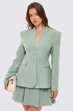 Kadın Mint Yeşili Yakasız Tüvit Blazer