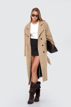 Kadın Camel Oversize Kuşaklı Trençkot