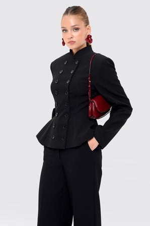 Kadın Siyah Kruvaze Düğmeli Peplum Blazer