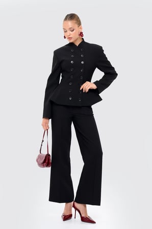 Kadın Siyah Kruvaze Düğmeli Peplum Blazer