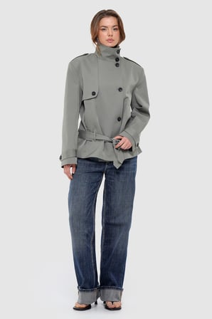 Kadın Çağla Yeşili Dik Yaka Oversize Kısa Trençkot