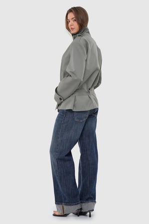 Kadın Çağla Yeşili Dik Yaka Oversize Kısa Trençkot