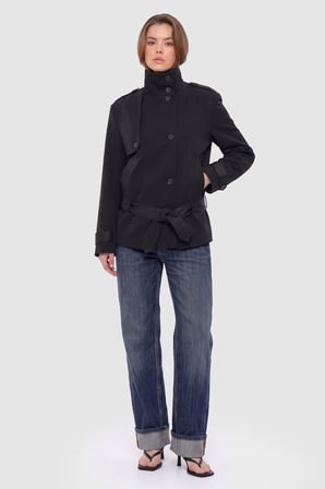 Kadın Siyah Dik Yaka Oversize Kısa Trençkot