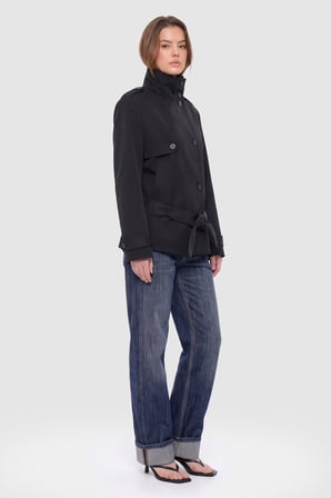 Kadın Siyah Dik Yaka Oversize Kısa Trençkot