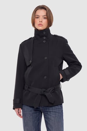 Kadın Siyah Dik Yaka Oversize Kısa Trençkot