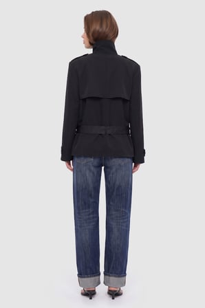 Kadın Siyah Dik Yaka Oversize Kısa Trençkot