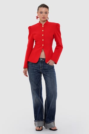 Kadın Kırmızı Hakim Yaka Düğmeli Fit Blazer