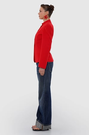 Kadın Kırmızı Hakim Yaka Düğmeli Fit Blazer