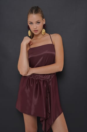 Kadın Bordo Askılı Saten Mini Elbise