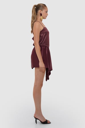 Kadın Bordo Askılı Saten Mini Elbise