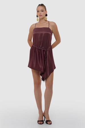Kadın Bordo Askılı Saten Mini Elbise