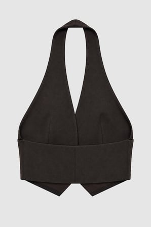 Kadın Kahverengi Halter Yaka Düğmeli Crop Yelek