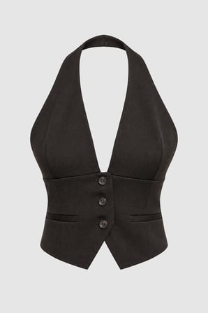 Kadın Kahverengi Halter Yaka Düğmeli Crop Yelek