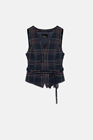 Kadın Lacivert Bağcıklı Bordo Ekoseli Yelek