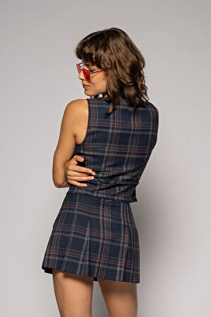 Kadın Lacivert Bağcıklı Bordo Ekoseli Yelek