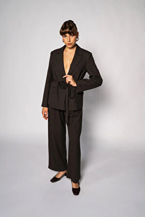 Kadın Acı Kahve Çizgili Üç Pileli Pantolon