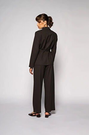 Kadın Acı Kahve Çizgili Üç Pileli Pantolon