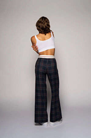 Kadın Lacivert Kontrast Kemerli Bordo Ekoseli Pantolon