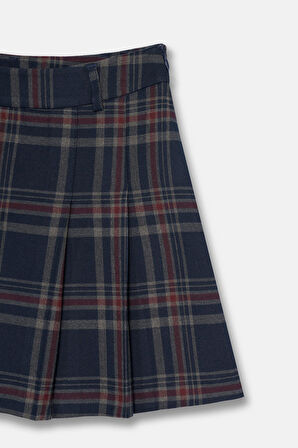 Kadın Lacivert Pileli Bordo Ekoseli Etek