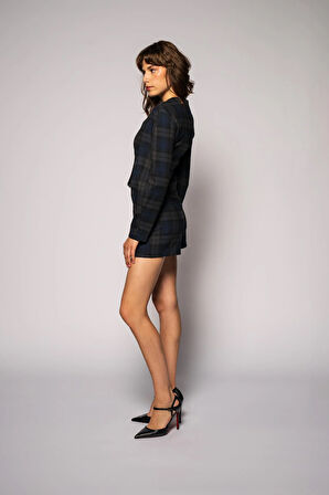 Kadın Lacivert Ekoseli Bisiklet Yaka Crop Blazer