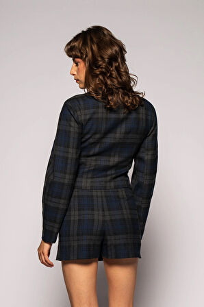 Kadın Lacivert Ekoseli Bisiklet Yaka Crop Blazer