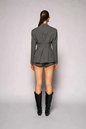 Kadın Gri Pens Detaylı Çizgili Blazer