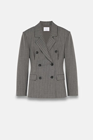 Kadın Gri Pens Detaylı Çizgili Blazer